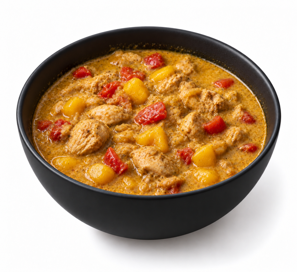 Kippendij in curry saus met mango